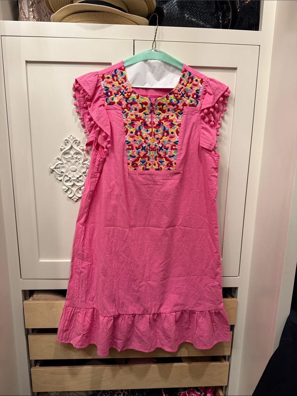 Bright Pink Embroidered Ruffle Mini Dress